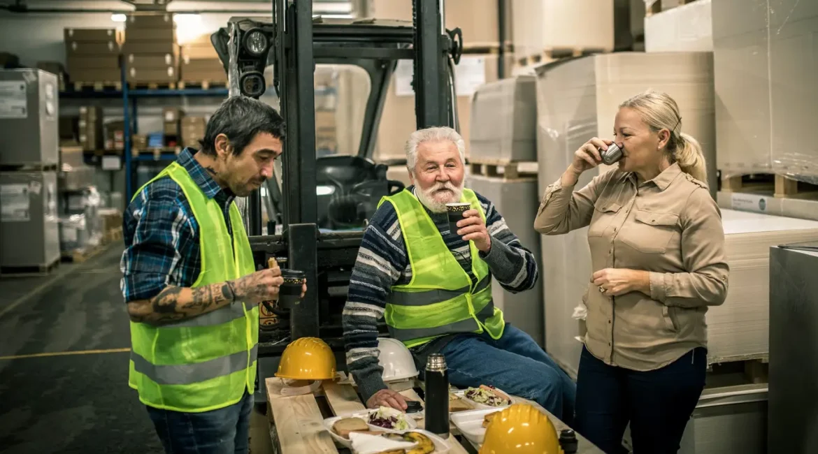 pracownicy magazynu jedzący lunch